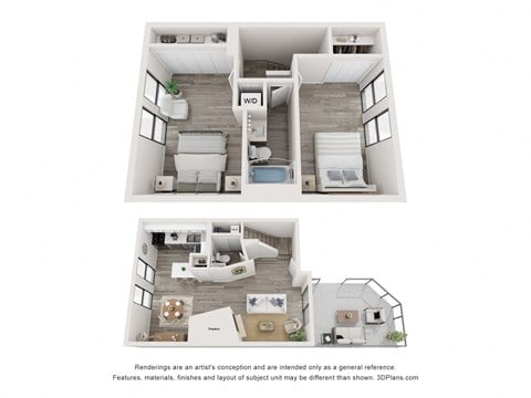 Floor plan for 2 beds, 1.5 baths, 955 sqft